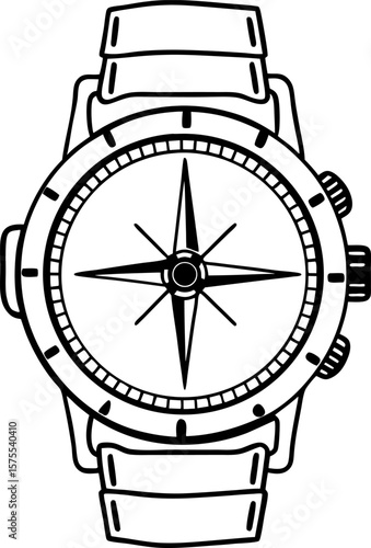 Wristwatch with compass rose design modern analog watch outline, navigation and travel concept, minimalist monochrome