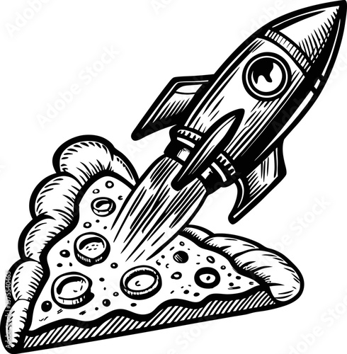 rocket launching from cheese pizza slice space exploration, cosmic journey, imaginative food concept illustration
