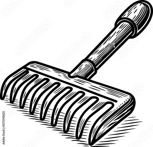 Classic garden rake illustration hand drawn wooden gardening tool with curved metal tines, vintage farming equipment