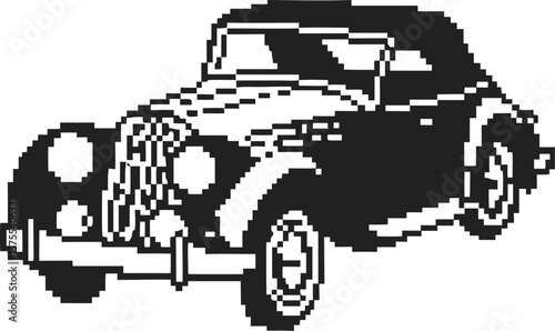Classic vintage car illustration in black and white pixel art retro automobile, antique vehicle, old fashioned collectible
