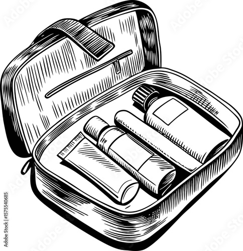 Travel toiletry bag open with assorted personal care containers inside hand drawn sketch of organized hygiene essentials