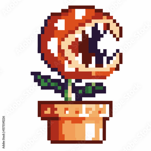 Retro pixel art carnivorous plant in flowerpot classic gaming monster with sharp teeth, retro style, bright colors, digital fantasy