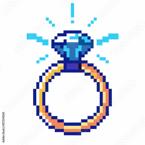 Pixel art sparkling diamond ring blue gemstone engagement jewelry, gold band illustration on white background, retro
