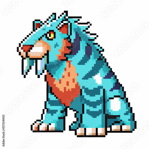Blue pixelated saber toothed beast illustration retro fantasy game animal, fierce prehistoric feline monster character