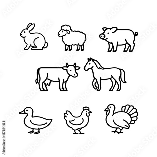 Farm animals line icon set silhouette