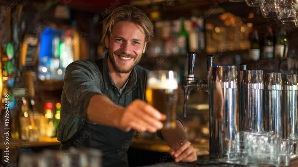 Crafting Cheers: A welcoming bartender, radiating warmth with a genuine smile, offers a freshly poured pint amidst the inviting ambiance of a traditional pub. Crafting Cheers: A welcoming bartender, radiating warmth with a genuine smile, offers a freshly poured pint amidst the inviting ambiance of a traditional pub.