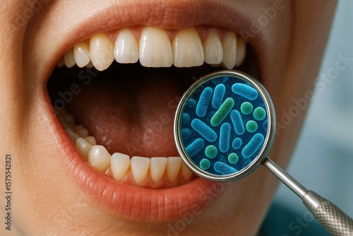 Revealing Tiny Oral Microbiome, Dental Mirror Shows Microscopic Bacteria During Routine Hygiene Checkup, a close-up highlighting oral health and dental care.