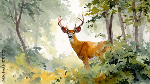 Vector illustration, stunning watercolor depiction of deer in forest, watercolor paint