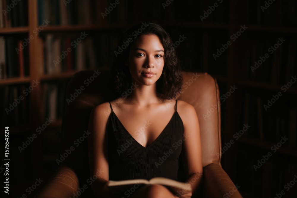 Fototapeta premium Soft light illuminates girl in cozy chair, deeply engaged with h