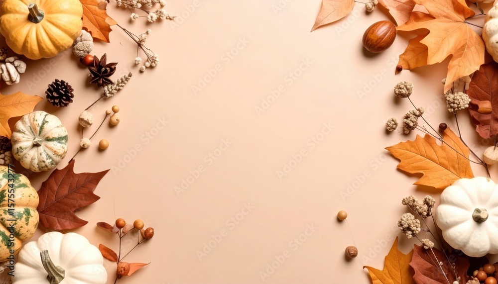 Fototapeta premium Thanksgiving harvest celebration autumn decor table centerpiece cozy home environment top-down view seasonal warmth and cheer