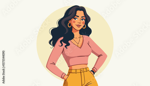 Confident Latina woman smiling in stylish outfit, empowerment