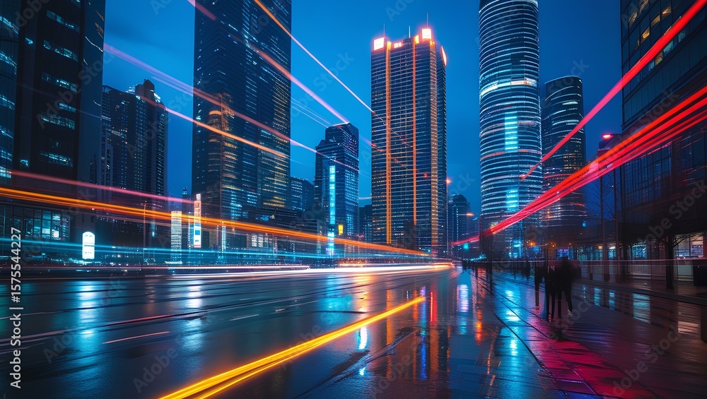 A dynamic cityscape at night with towering skyscrapers
