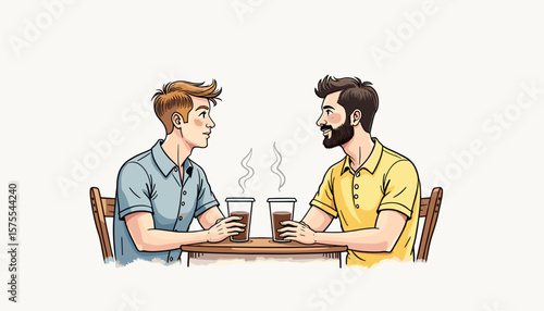 Happy gay couple enjoying coffee at café, love and connection