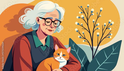 Elderly woman smiling lovingly with orange cat, warmth and companionship