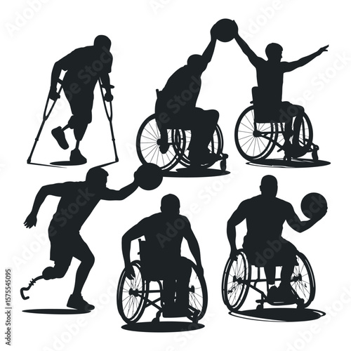 Silhouettes of Disabled Athletes Playing Basketball and Walking with Crutches Representing Inclusivity Accessibility and the Spirit of Adaptive Sports
