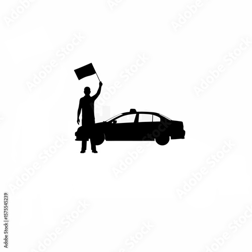 Silhouette of person hailing a public taxi on white background