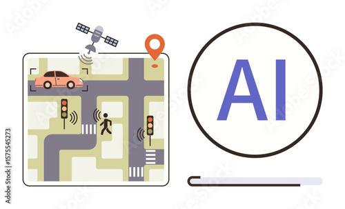 Map with streets, smart traffic lights, pedestrian, satellite, connected car, AI text. Ideal for technology, innovation urban planning autonomy connectivity transportation smart systems. Simple