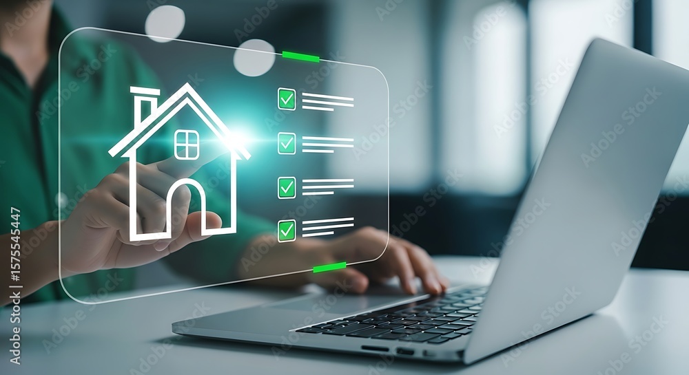 Glowing house checklist hovering near laptop fingers touch the clear panel digital real estate process modern home Glowing house checklist hovering near laptop fingers touch the clear panel digital real estate process modern home
