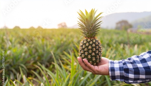 Rural Farmer Holding Fresh Pineapple in Field