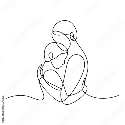Continuous Line Drawing of Mother Hugging Her Child Showing Love Care and Connection in a Minimalist and Elegant Style on White Background