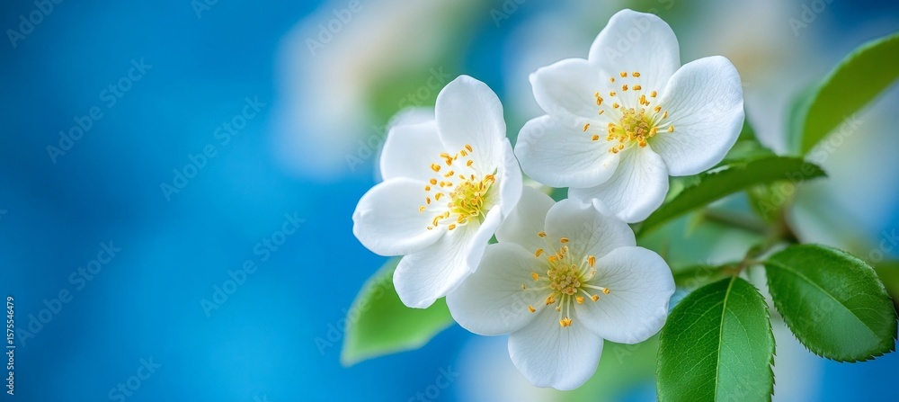 Fototapeta premium Delicate Wild Rose Blossoms Unfurling Their Pristine White Petals Amidst Lush Green Leaves in Spring