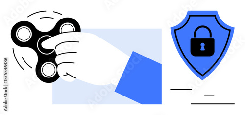 Hand spinning black fidget spinner representing focus and stress relief beside blue shield icon with a lock symbolizing security. Ideal for technology, productivity, safety, digital protection