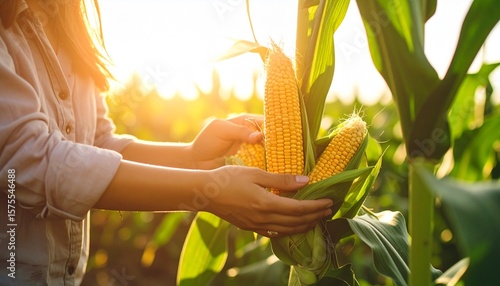 Corn farmer harvest backlight flare closeup hands gathering maize in golden sunlight