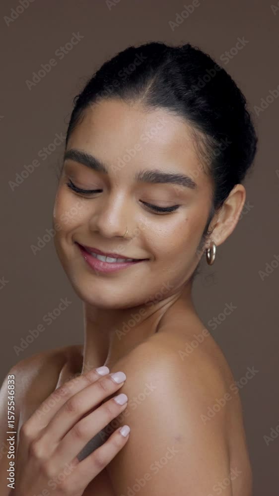 Face, beauty and shoulder touch with woman in studio for wellness, glow or skincare on background. Results, satisfaction and female person with dermatology with clear skin, shine and cosmetic care Face, beauty and shoulder touch with woman in studio for wellness, glow or skincare on background. Results, satisfaction and female person with dermatology with clear skin, shine and cosmetic care