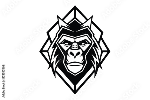 Bold gorilla head within sharp diamond shape exudes strength and primal power in monochrome