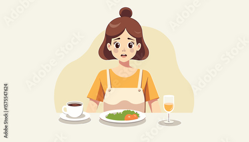Distracted woman looking at dinner with unease, emotional reflection