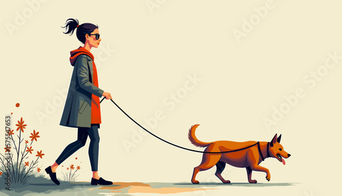 Confident woman walking guide dog in sunlit park, empowerment