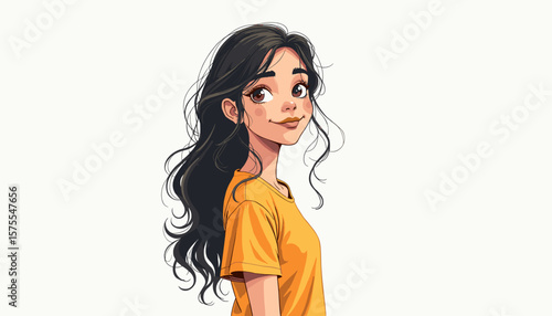 Shy Latina woman smiling in casual attire, embracing self-acceptance