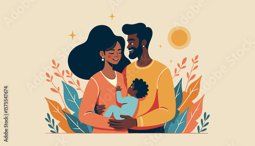 Interracial couple smiling with baby in a serene garden, family love