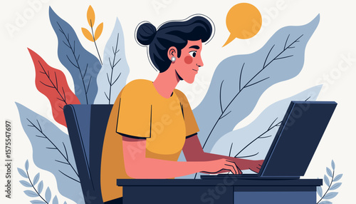 Deaf woman using technology to communicate in a modern workspace, empowerment