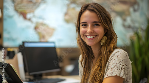 Smiling woman travel agent at modern work