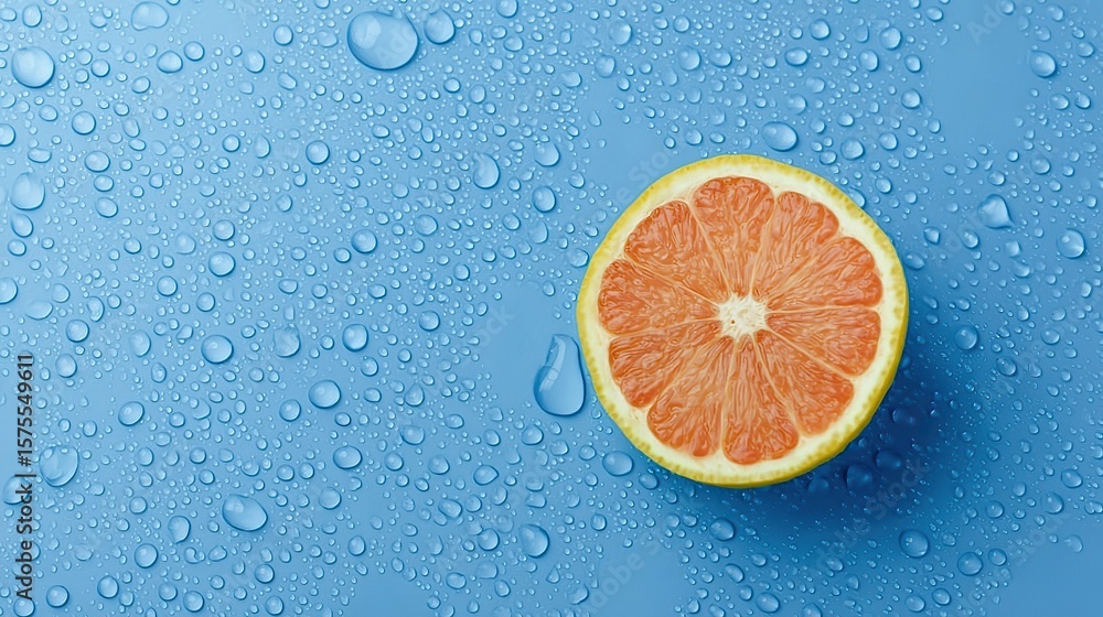Top view of a lemon slice with water drops on blue background, minimalist summer freshness and clean design concept for food and beverage advertising or social media templates Top view of a lemon slice with water drops on blue background, minimalist summer freshness and clean design concept for food and beverage advertising or social media templates