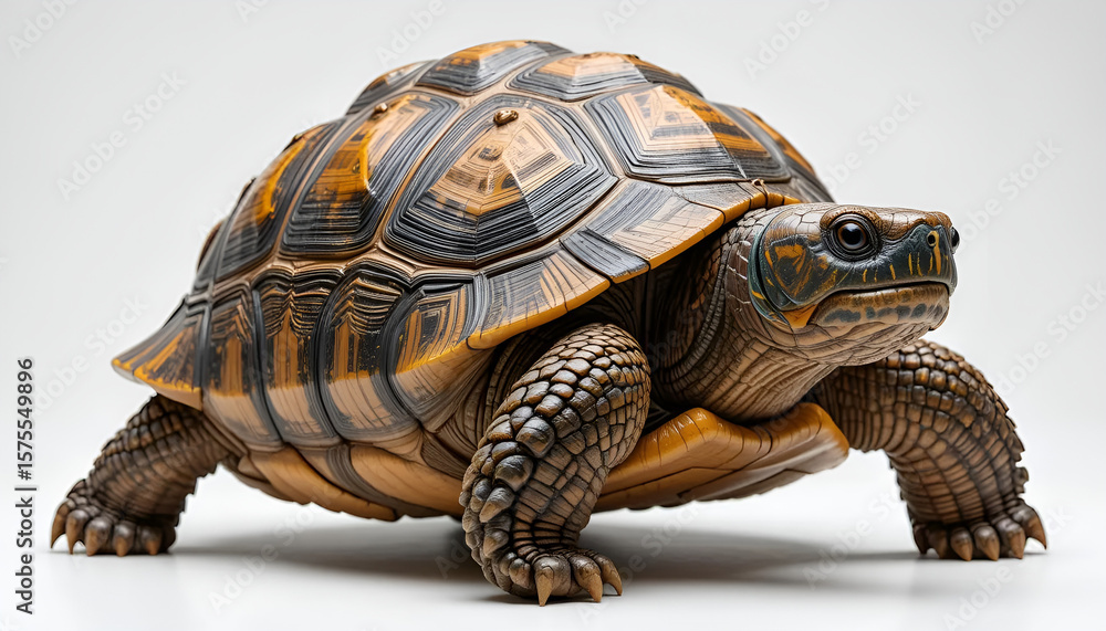 Obraz premium A single Sulcata tortoise on a white background. Large, textured shell and strong legs. Ideal for educational, wildlife, or pet-themed design and content use.