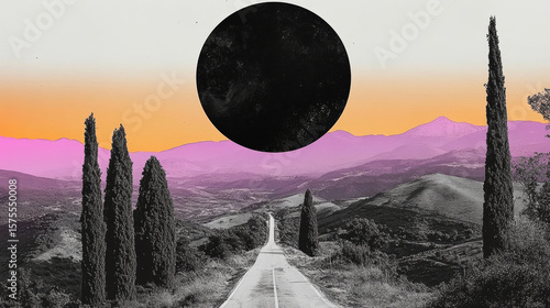 Surreal digital collage featuring a vibrant sunset sky in orange and pink hues, contrasted by a large black celestial body suspended above a monochrome mountain road landscape with stylized trees