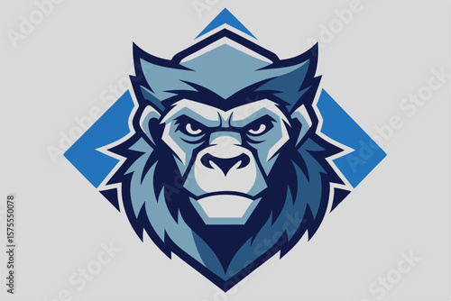 Stern blue gorilla face looks forward within an angular frame for a modern vibe