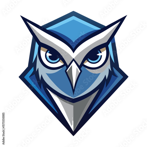Blue owl with glowing eyes in a diamond frame looks stoic and focused