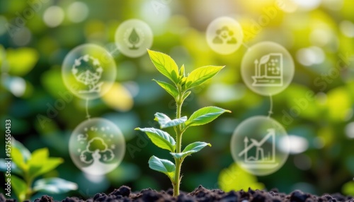 Green Plant Growing in Soil with Icons Representing Environmental Sustainability and Eco-Friendly Practices for Nature Conservation