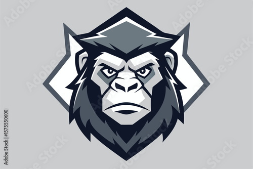 Fierce gorilla gazes intensely within a geometric shield on a neutral gray backdrop