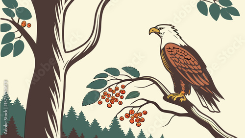 Bird of Prey Sitting on Tree Branch Vector Illustration