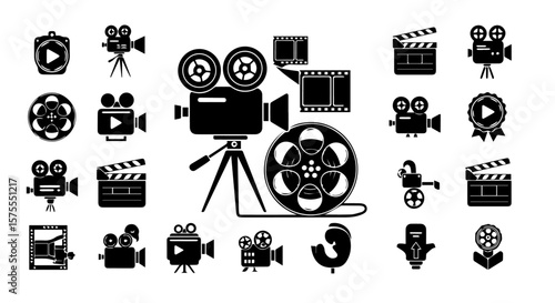 Movie making elements showcase vintage camera, film reel, clapperboard and microphone in a black and white graphic design.