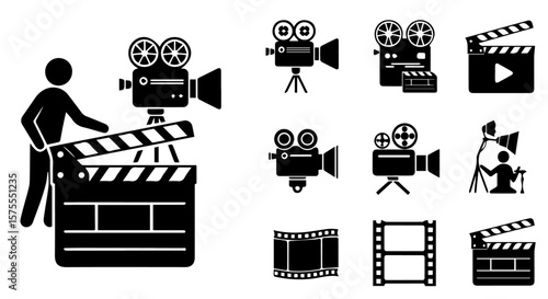 Captivating collection of black and white movie making elements featuring cameras, clapperboards, film reels, and a filmmaking icon.
