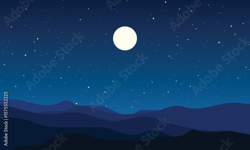 flat night landscape featuring full moon, starry, sky, and layered blue hills.