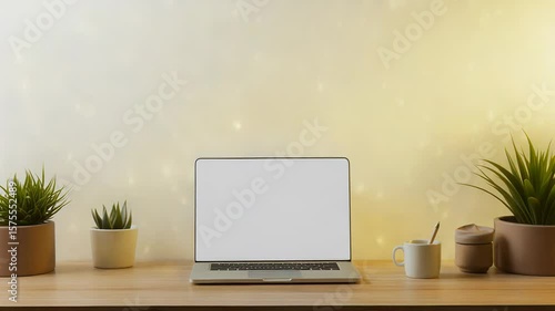 Wallpaper Mural Modern home office desk setup featuring laptop, plants, and coffee mug Torontodigital.ca