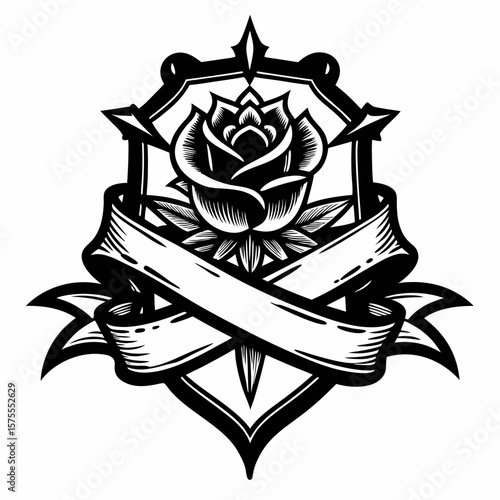 Ornate Black and White Rose Emblem with Blank Ribbon Banner