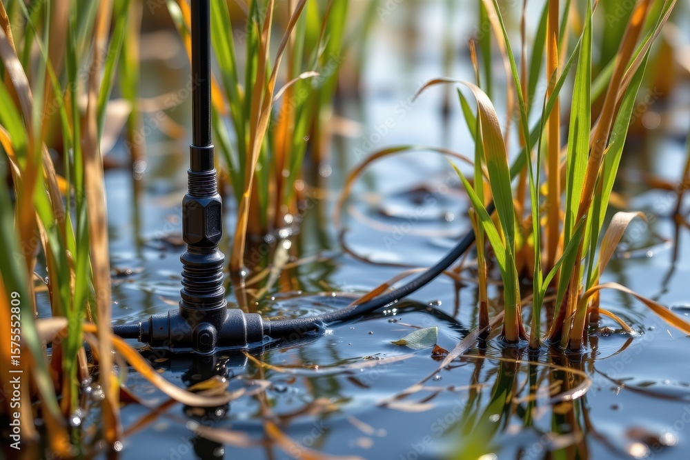 Obraz premium waterproof cable installed in wetland environment for sensor networks, protected against constant moisture, surrounded by reeds and water, photorealistic natural ecosystem scene.