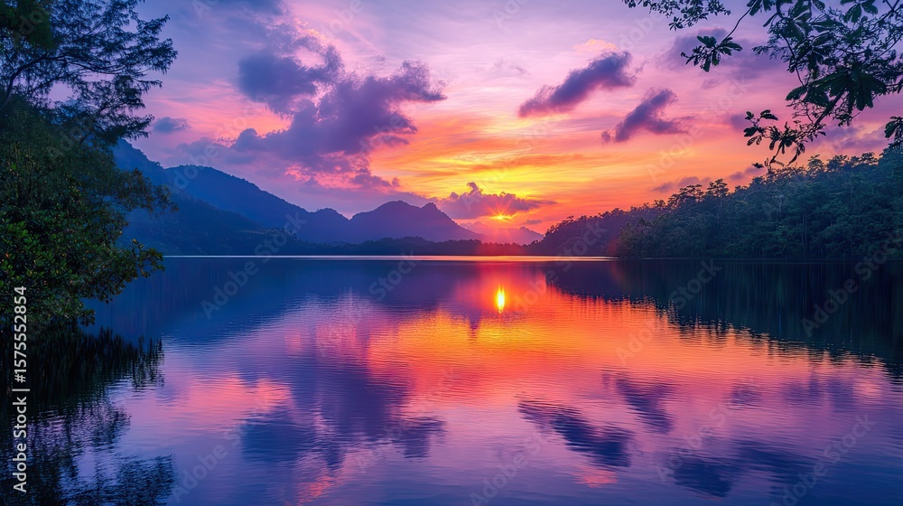 custom made wallpaper toronto digitalLagoon reflecting colorful sunrise sky, tropical nature landscape for travel, peaceful scenery or destination visuals